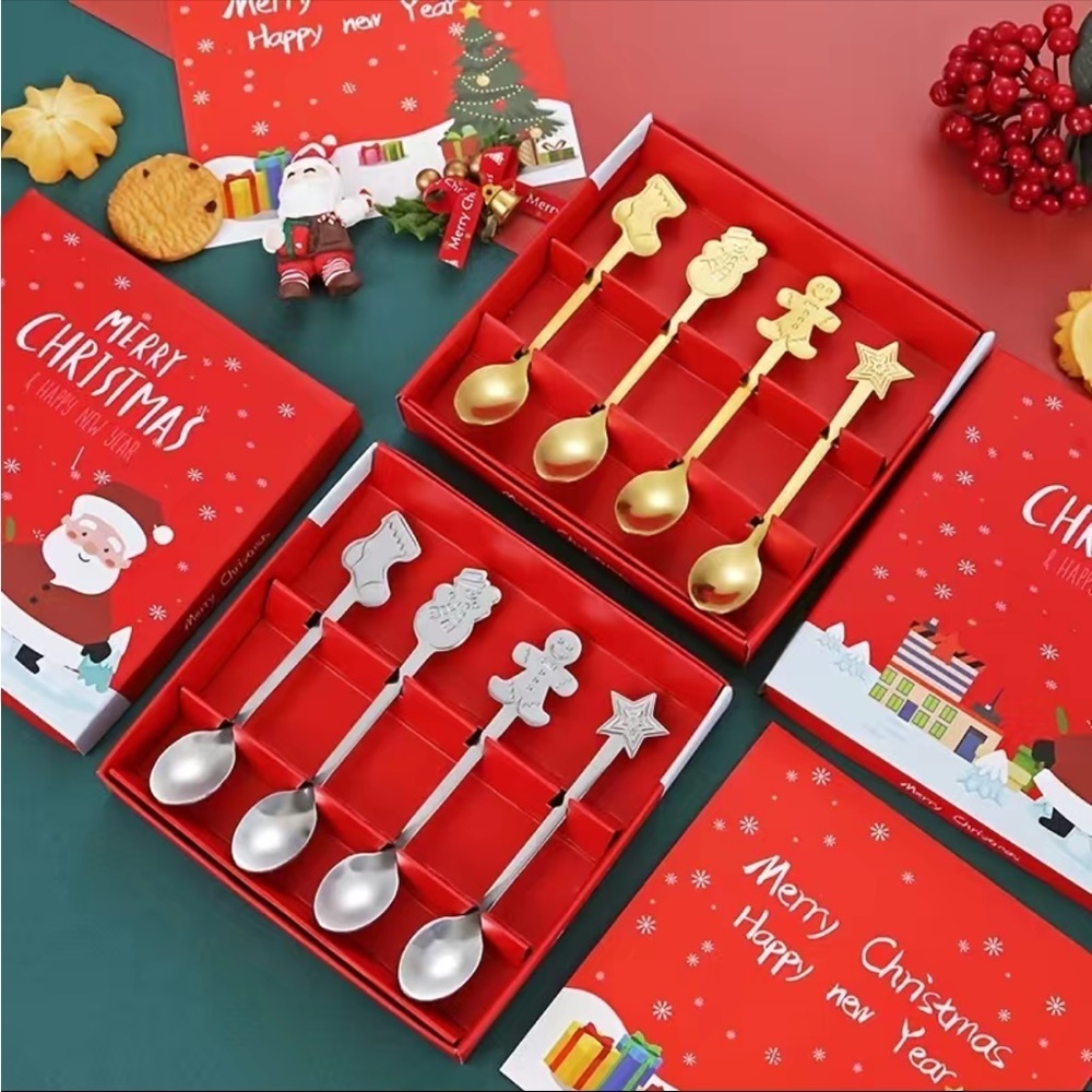Set/4pcs Stainless Steel Christmas Tableware Spoon, Set Gingerbread Man Gift Box